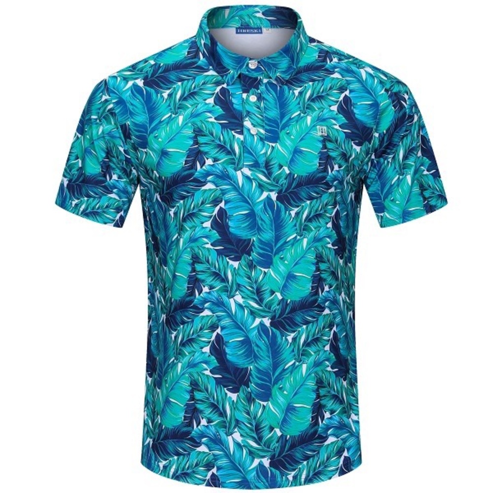 HRESKI Men’s XL Golf Polo Shirt Leaf Leaves Graphic Green Blue